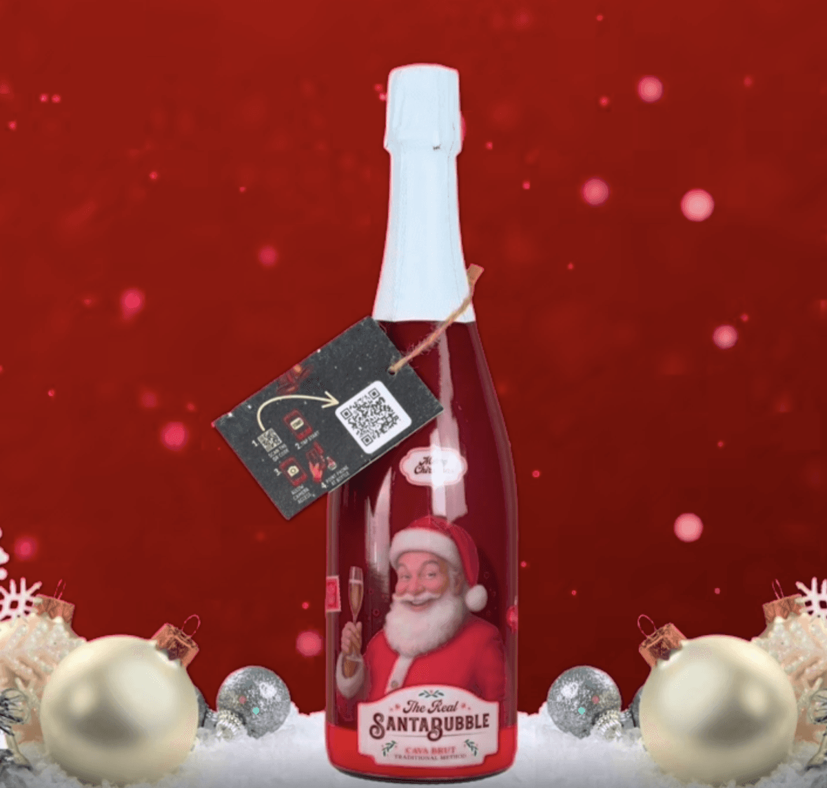 Santa Bubbels fles met kerstman AR actief op telefoon